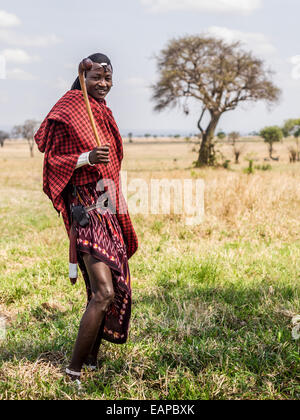 Maasai warrior dressed in traditional red clothes with rungu weapon in his hand, Mikumi National Park, Tanzania, East Africa. Stock Photo