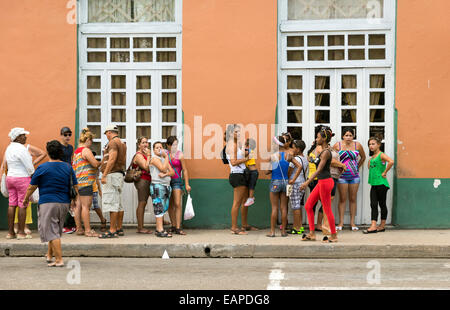 MATANZAS, CUBA - MAY 10, 2014: People on a busy downtown street in the city of Matanzas, Cuba Stock Photo