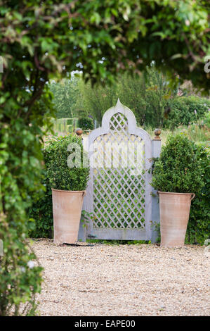 Pair of earthenware pots with box hedge either side of garden gate Stock Photo