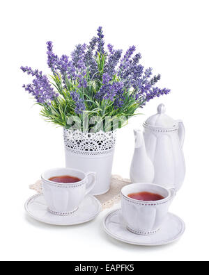 tea for two and lavender flowers isolated on white Stock Photo