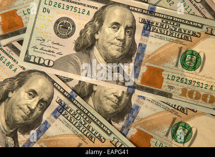 Newest US $100 bills as of 2013 with an embedded magnetic strip among other qualities difficult to forge. Stock Photo