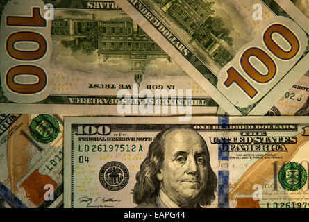 Newest US $100 bills as of 2013 with an embedded magnetic strip among other qualities difficult to forge. Stock Photo