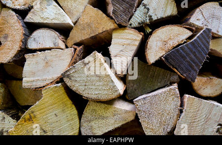 Detail of a pile of logs chopped up ready to be burnt on a fire or a log burning stove Stock Photo
