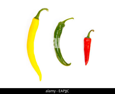 Three peppers in a row in different colors against white background Stock Photo
