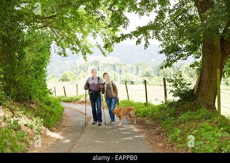 Happy senior couple with dog walking on hiking trail in summer Stock Photo