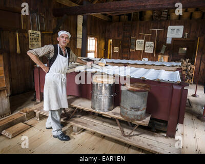 Upper Canada Village Cheese maker. The Village cheese maker explains the process while today's batch 'cooks' in large vats. Stock Photo