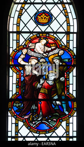 The stoning of Saint Stephen stained glass in Worcester Cathedral, UK Stock Photo