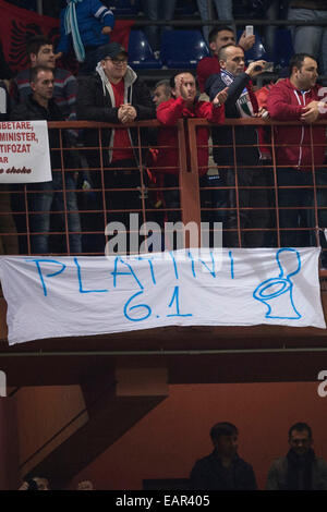 Albania fans (ALB), NOVEMBER 18, 2014 - Football / Soccer : Albania fans with a banner against UEFA president Platini during the International Friendly match between Italy 1-0 Albania at Stadio Luigi Ferraris in Genova, Italy. (Photo by Maurizio Borsari/AFLO) [0855] Stock Photo