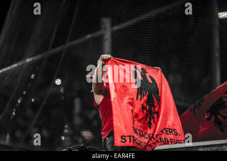 Albania fans (ALB), NOVEMBER 18, 2014 - Football / Soccer : An Albania fan with Greater Albania's flag during the International Friendly match between Italy 1-0 Albania at Stadio Luigi Ferraris in Genova, Italy. (Photo by Maurizio Borsari/AFLO) [0855] Stock Photo