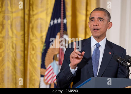 Washington DC, USA. 19th November, 2014. United States President Barack Obama makes remarks at ?ConnectED to the Future?, a conference that includes superintendents and other educators from across the country who are leading their schools and districts in the transition to digital learning in the East Room of the White House in Washington, DC on Wednesday, November 19, 2014. Credit: Ron Sachs/Pool via CNP -NO WIRE SERVICE- Credit:  dpa picture alliance/Alamy Live News Stock Photo