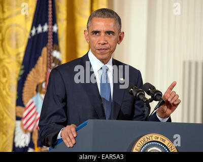 Washington DC, USA. 19th November, 2014. United States President Barack Obama makes remarks at ?ConnectED to the Future?, a conference that includes superintendents and other educators from across the country who are leading their schools and districts in the transition to digital learning in the East Room of the White House in Washington, DC on Wednesday, November 19, 2014. Credit: Ron Sachs/Pool via CNP -NO WIRE SERVICE- Credit:  dpa picture alliance/Alamy Live News Stock Photo