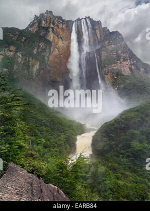 View of the highest in the world continuous Angel Falls. Jungles of Venezuela. The waterfall is 994 meters. Stock Photo