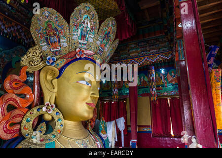 Colourful statue of Maitreya, future Buddha, 15 meters tall, in Thiksey Gompa monastery, Ladakh, Jammu and Kashmir, India Stock Photo