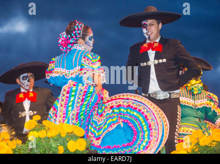 Traditional Mexican dancers perform at the Dia De Los Muertos celebration in Coachella , California Stock Photo