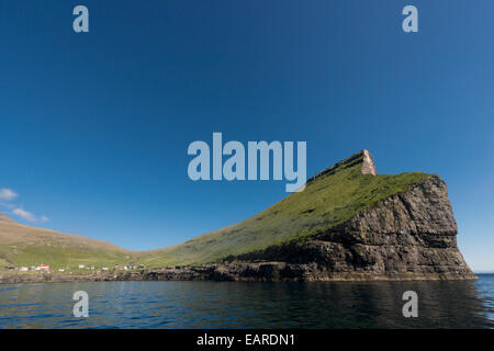 Cliffs and grassland, sea, Hattarvík, Fugloy, Norðoyar, Faroe Islands, Denmark Stock Photo