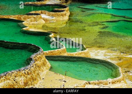 Lime terraces with lakes, Huanglong National Park, Sichuan Province, China Stock Photo