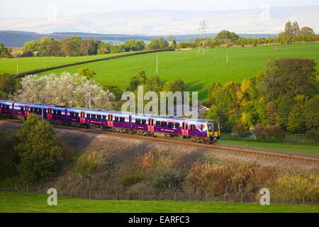 First Group Trans Pennine Express, Class 185 train passing Strickland Mill, Great Strickland, Cumbria, West Coast Main Line, UK. Stock Photo