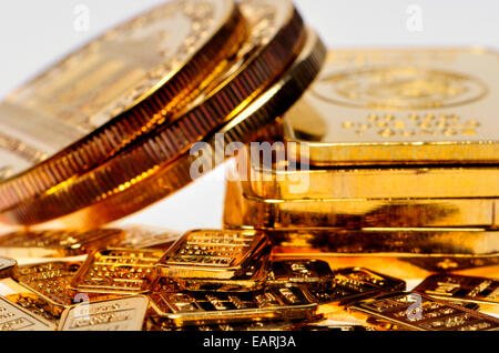 Gold bullion, coins and bars (gold-plated replicas) Stock Photo