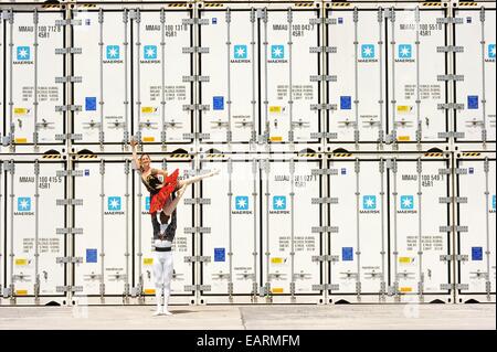 Dancers of the National Ballet of Panama, posing in the city port. Stock Photo