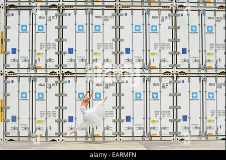 Dancers of the National Ballet of Panama, posing in the city port. Stock Photo