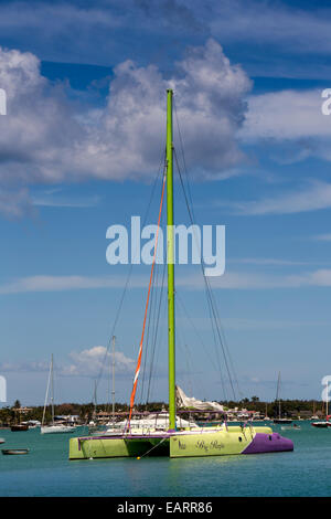 Mauritius, Grand Baie, public beach,  sailing catamaran big purple moored in sheltered bay Stock Photo