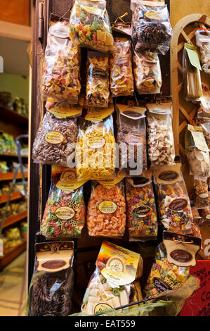 A large selection of raw Italian pasta on sale in Rome, Italy. Stock Photo