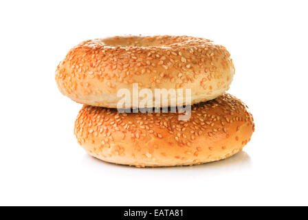 Two Bagels with sesame seeds on white background Stock Photo