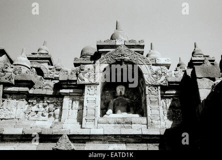 Travel Photography - Buddhist temple Borobudur in Java in Indonesia in Southeast Asia Far East. Buddhism History Art Carving Relief Stock Photo