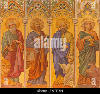 Trnava - The neo-gothic fresco of four  evangelists (Mark,Luke,Matthew,John) in Saint Nicholas church. Stock Photo