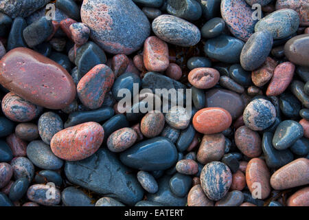 Close up of wet colourful pebbles on shingle beach at low tide Stock Photo