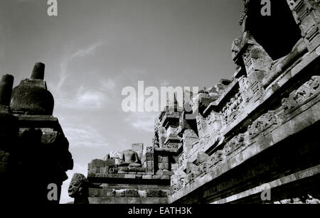 Travel Photography - Buddhist temple Borobudur in Java in Indonesia in Southeast Asia Far East. Buddhism History Art Carving Relief Stock Photo