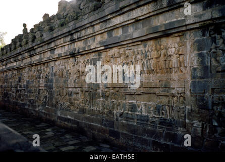 World Travel. Carvings and reliefs at Buddhist monument Borobudur in Yogyakarta in Indonesia in Southeast Asia. Wanderlust Escapism History Culture Stock Photo