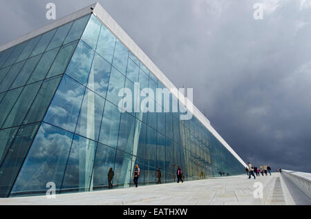 Tourists enjoying the exterior of the Den Norske Opera and Ballet House. Stock Photo