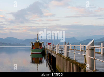 Steamer moored at Pooley Bridge Pier, on Ullswater, Lake District National Park, Cumbria, England UK Stock Photo