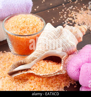 Body care accessories: sea salt, towel, bath sponge and shell Stock Photo