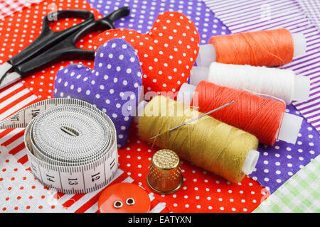 handicraft hearts, textile fabric materials and items for sewing Stock Photo