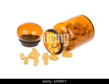 Open bottle and pills Stock Photo