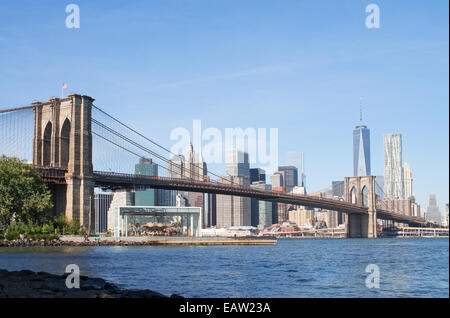 Brooklyn Bridge and  Manhattan skyline, from Brooklyn Bridge Park, New York city, USA Stock Photo