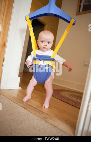 Baby in a door bouncer Stock Photo