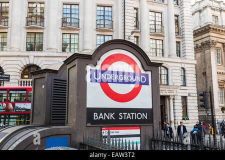 Public transport infrastructure: Bank London Underground station entrance in Princes Street in the City of London, with the London Underground sign Stock Photo