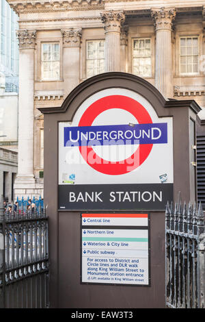 Public transport: Bank London Underground station entrance in Princes Street the City of London, London Underground sign, Mansion House behind Stock Photo