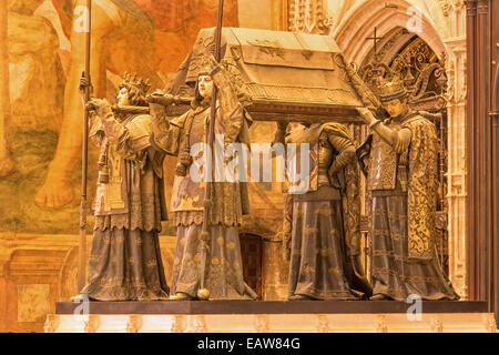 Seville - The tomb of Christopher Columbus by Arturo Melida y Alinari (1891) in the Cathedral de Santa Maria de la Sede. Stock Photo