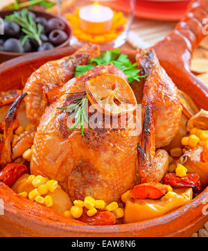 Traditional Thanksgiving dinner with tasty fried turkey as main dish, festive food in luxury restaurant, great family holiday Stock Photo