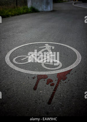 Cool effect bicycle pedestrian road sign symbol on bike lanes ground asphalt, blood,  accident, injuries, danger, death, killed, Stock Photo