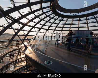 Visitors are gathering beneath the glass dome on top of Berlin Reichstag, the German house of  parliament. Stock Photo