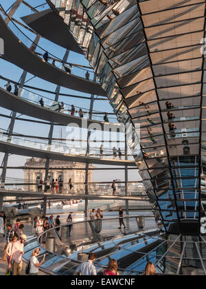 Visitors are gathering beneath the glass dome on top of Berlin Reichstag, the German house of  parliament. Stock Photo