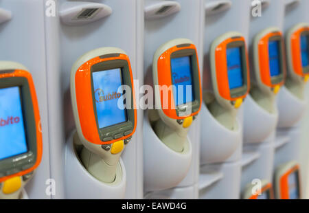 Handheld Subito self-scanning devices in a Migros supermarket in Zurich, Switzerland. Stock Photo