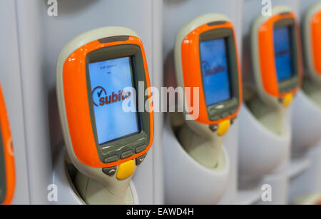 Handheld Subito self-scanning devices in a Migros supermarket in Zurich, Switzerland. Stock Photo