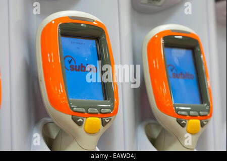 Handheld Subito self-scanning devices in a Migros supermarket in Zurich, Switzerland. Stock Photo