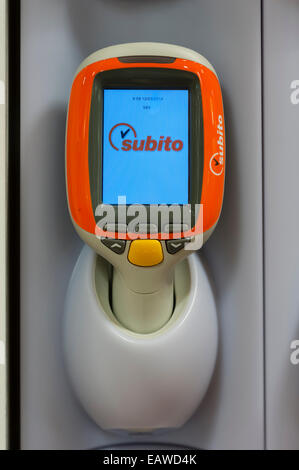 Handheld Subito self-scanning devices in a Migros supermarket in Zurich, Switzerland. Stock Photo